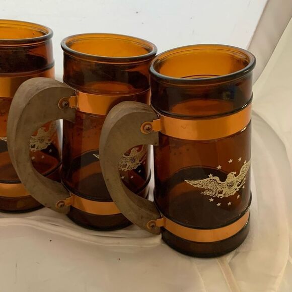 Vintage Siesta Ware Amber Glass Patriotic Eagle Wooden Handle Mug Stein Set of 5 - Picture 5 of 10